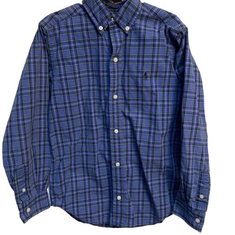 Ralph Lauren Boys Plaid Blue Embroidered Pony Long Sleeve Shirt Size 7 Button Up